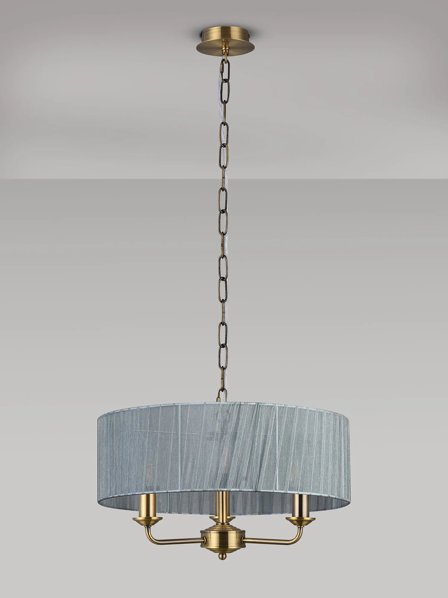 Banyan 3 Light Multi Arm Pendant With 45cm x 15cm Organza Shade Antique Brass/Grey DK0871  Deco Banyan AB GR